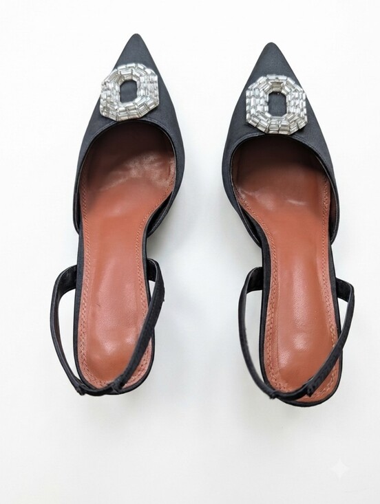 None Shoes - Black Pointed Slingback Heels with Crystal Buckle